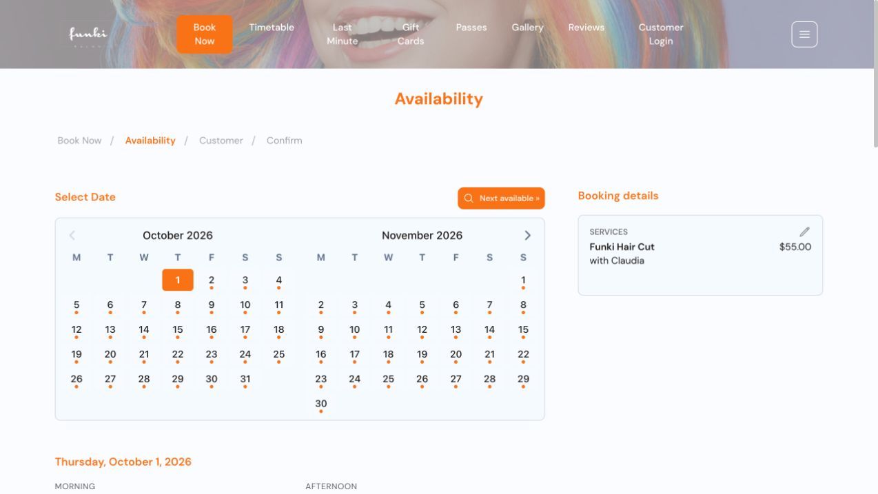 Choose a date and time on Funki Salon’s online booking page